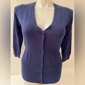 NWT Ann Taylor Cardigan L Figure Flattering Ribbed Waist V-Neck 3/4 Sleeves Navy